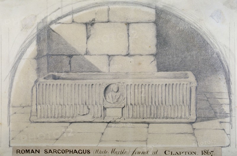 Roman marble sarcophagus found at Clapton in 1867, carved with a medallion relief of figure, 1872. Artist: Anon