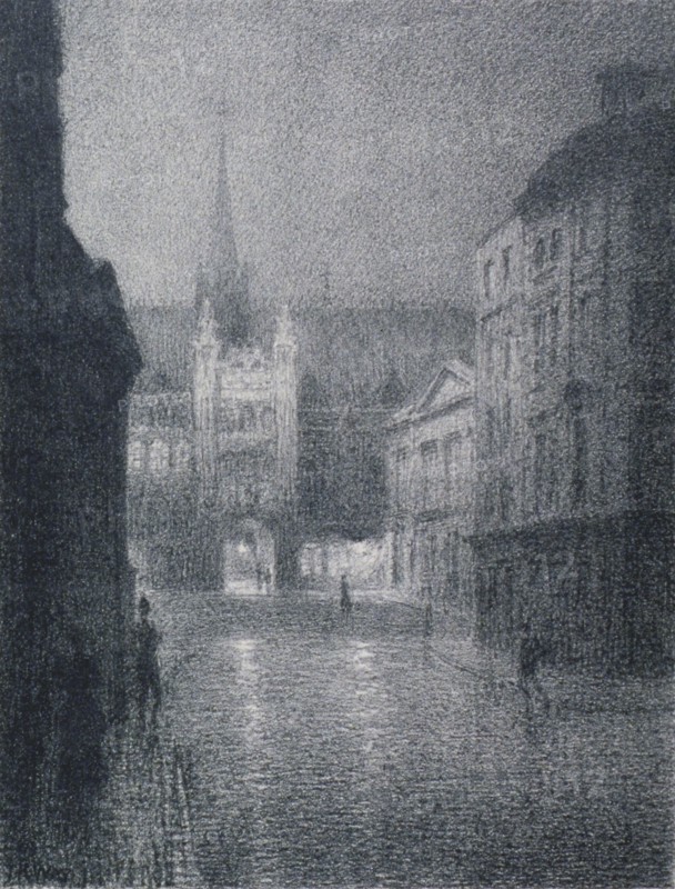 Nocturnal view of the Guildhall from the corner of Gresham Street, City of London, 1900. Artist: Thomas Robert Way