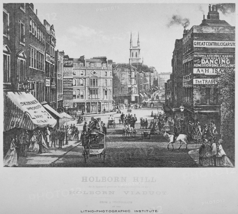 Holborn Hill and Skinner Street before Holborn Viaduct was built, City of London, 1864. Artist: Litho-Photographic Institute