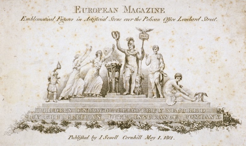 Emblematical figures over the Pelican Life Office, no 70 Lombard Street, City of London, 1801. Artist: Anon