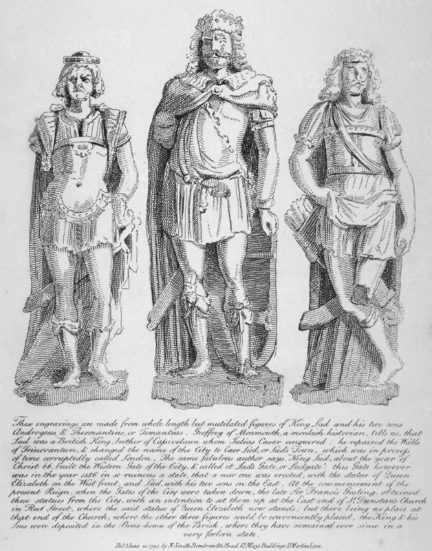 Mutilated figures of the mythical King Lud and his two sons Androgeus and Theomantius, 1795. Artist: John Thomas Smith