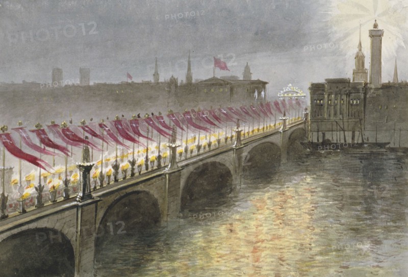 View of London Bridge on the night of the arrival of the Princess Alexandra of Denmark, 1863 Artist: Maul
