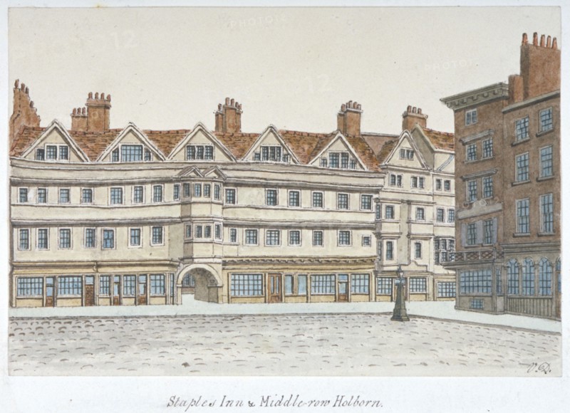 View of Staple Inn and the buildings of Middle Row in the centre of Holborn, London, 1850. Artist: Valentine Davis