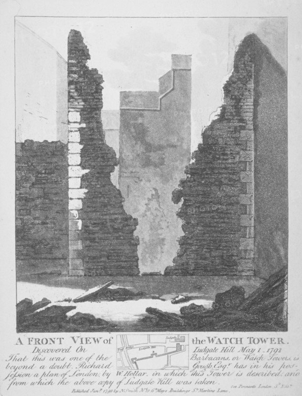 Front view of the watch tower on Ludgate Hill, City of London, 1793. Artist: John Thomas Smith