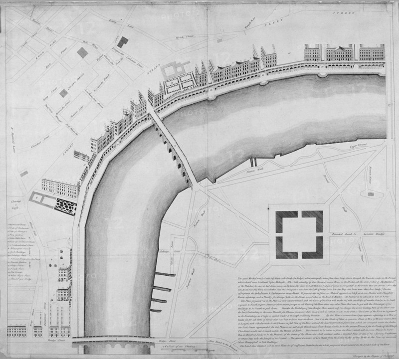 Proposed Thames embankment, London, 1760. Artist: Anon