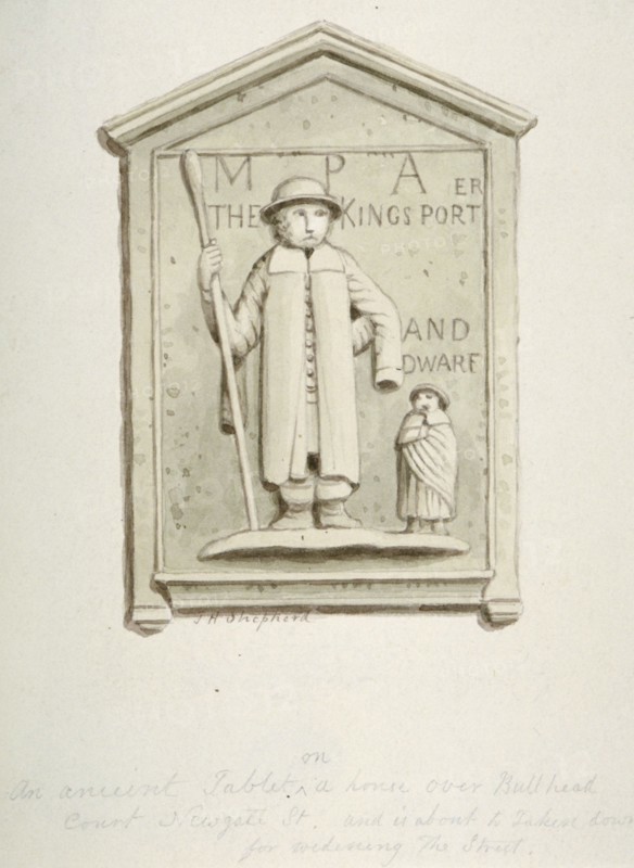 Tablet on a house over Bull Head Court, Newgate Street, City of London, 1840. Artist: Thomas Hosmer Shepherd
