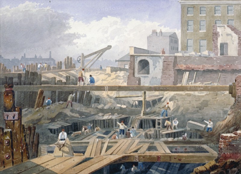 View of the foundations being dug for the first arch of London Bridge, 1825. Artist: Anon