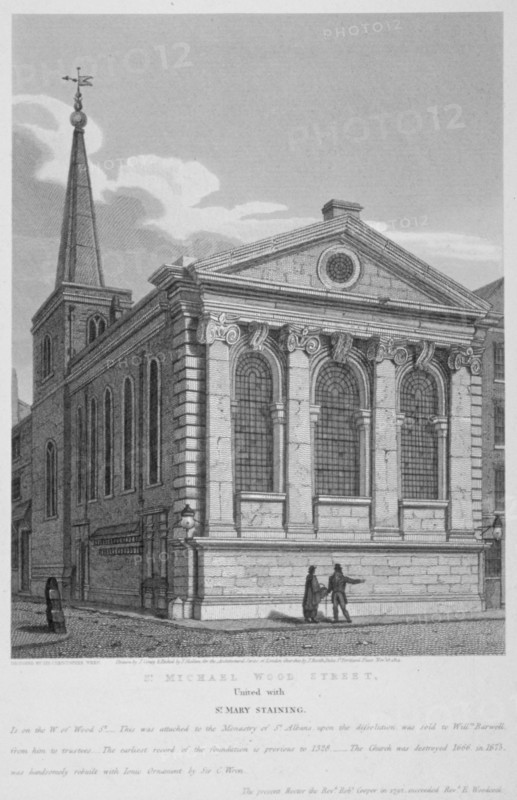 Church of St Michael, Wood Street, City of London, 1814. Artist: Joseph Skelton