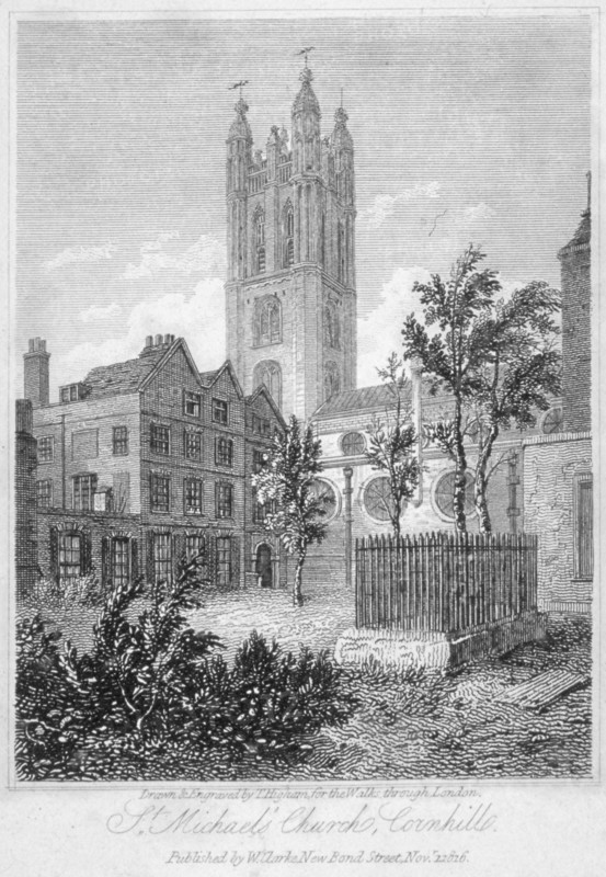 View from the south of Church of St Michael, Cornhill, City of London, 1816. Artist: Thomas Higham