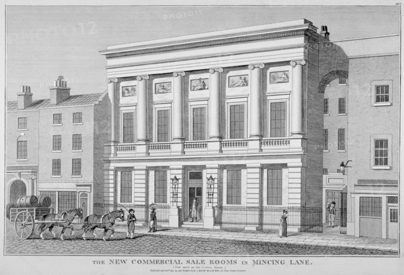 The London Commercial Sale Rooms and Mincing Lane, City of London, 1814. Artist: Anon