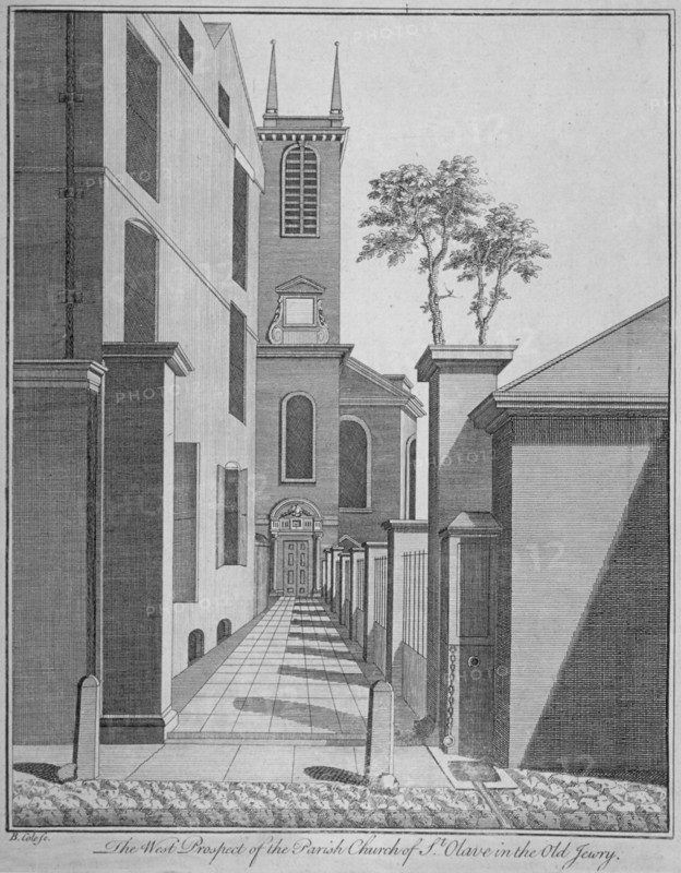 West prospect of the Church of St Olave Jewry from Ironmonger Lane, City of London, 1750. Artist: Benjamin Cole