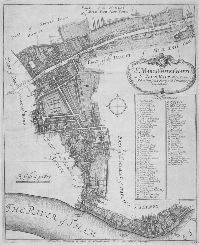Map of the parishes of St Mary, Whitechapel and St John, Wapping, in Stepney, London, 1755. Artist: Anon