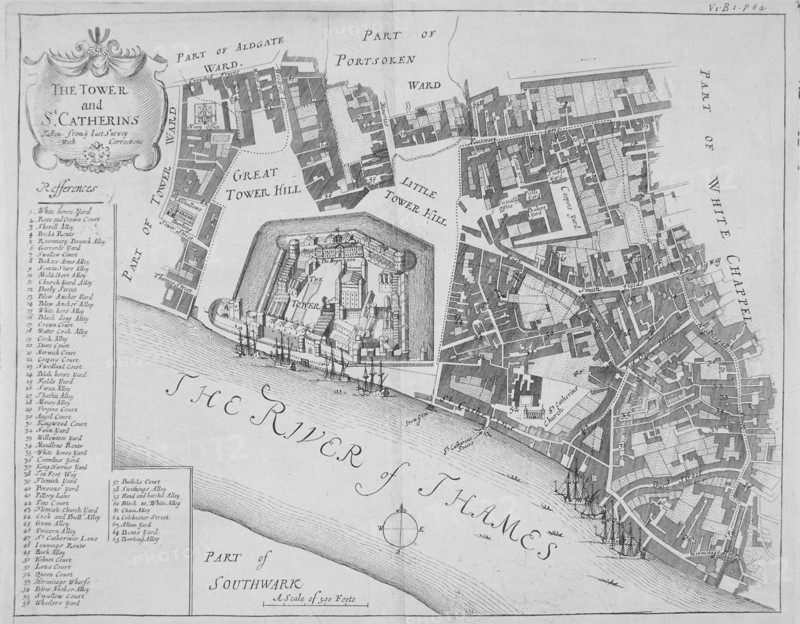 Map of the area around the Tower of London and St Katharine by the Tower, Stepney, London, 1720. Artist: Anon