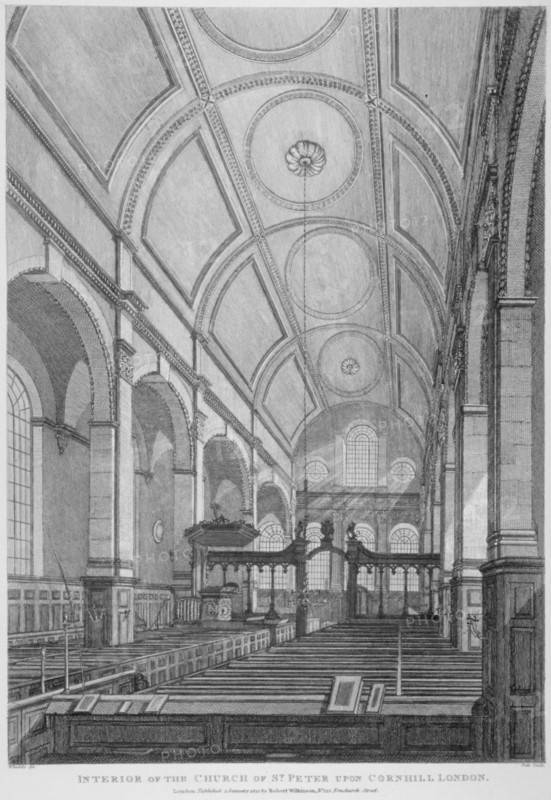Interior of the Church of St Peter upon Cornhill looking east, City of London, 1825. Artist: Thomas Dale