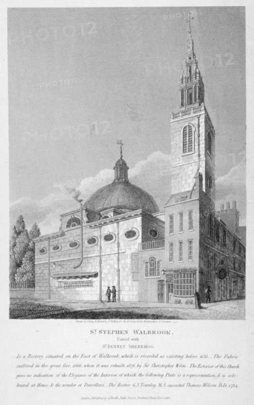 North-west view of the Church of St Stephen Walbrook, City of London, 1813. Artist: Joseph Skelton