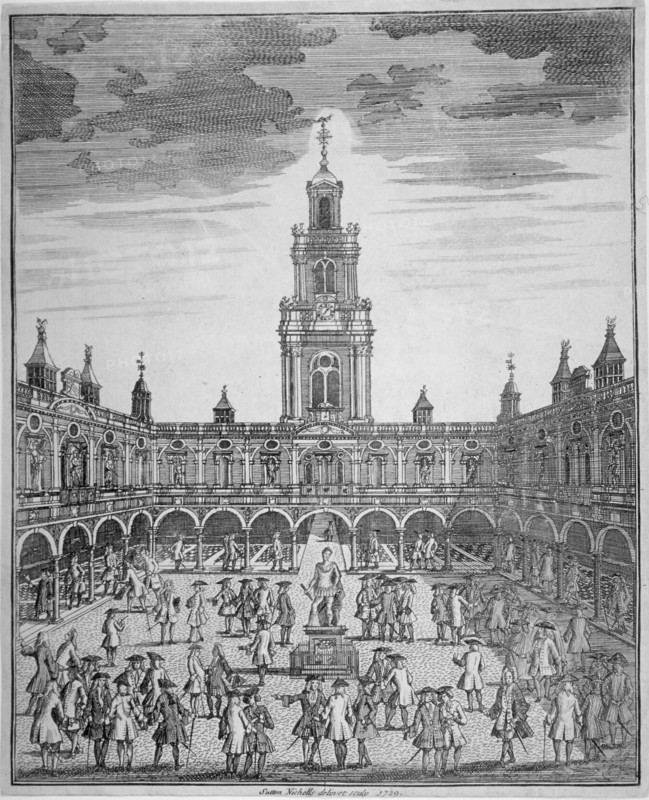 Interior view of the Royal Exchange with merchants, City of London, 1729. Artist: Sutton Nicholls