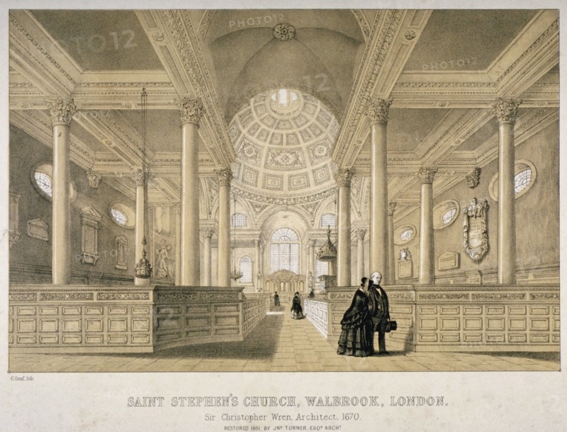 Interior view looking east, Church of St Stephen Walbrook, City of London, 1851. Artist: J Graf