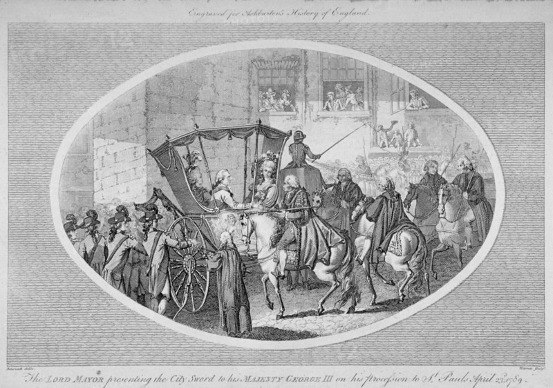 The Lord Mayor presenting the City Sword to King George III at Temple Bar, London, 1789 (1791). Artist: AW Warren