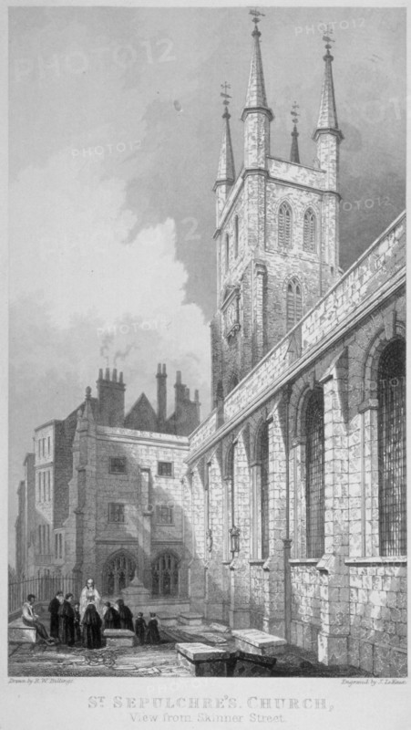 View of St Sepulchre Church from Skinner Street, City of London, 1837. Artist: John Le Keux