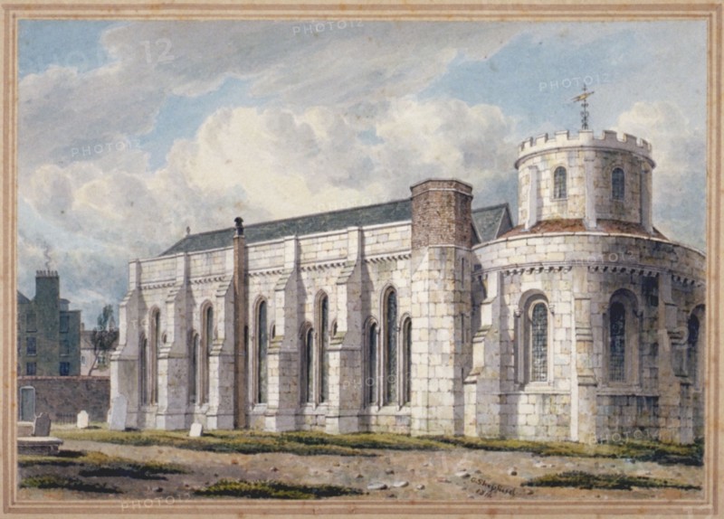 View of Temple Church from across the graveyard, City of London, 1811. Artist: George Shepherd