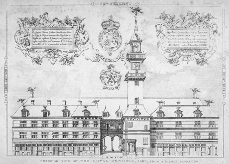 View of the Royal Exchange with coats of arms above, City of London, 1569. Artist: Anon