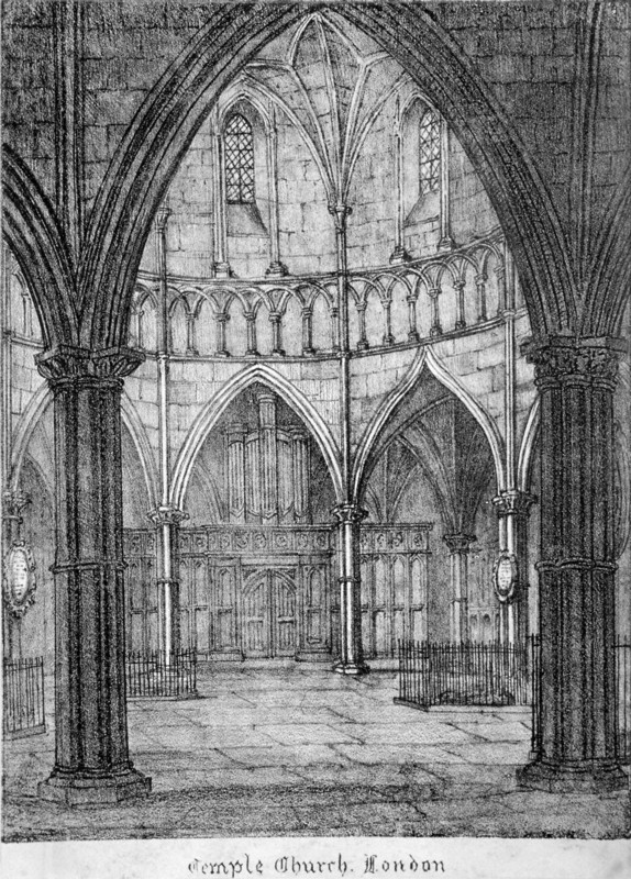 Interior view of Temple Church, looking towards the organ, City of London, 1820. Artist: Anon