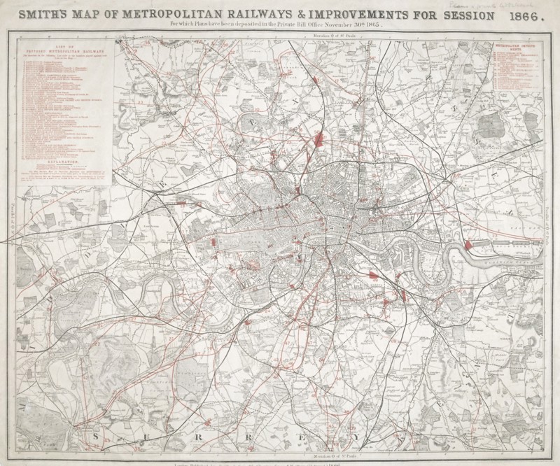 Map of Greater London showing the Metropolitan Railways and improvements in 1866. Artist: Anon