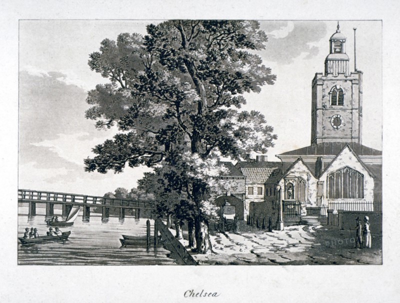 View of Chelsea Old Church with the River Thames on the left, London, c1800. Artist: Anon