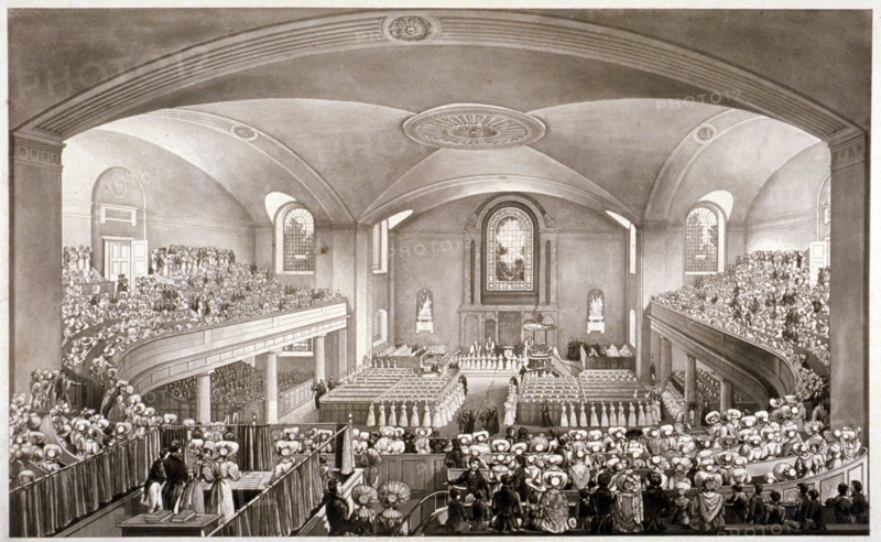 Interior of the Church of St John at Hackney, London, 1827. Artist: Anon