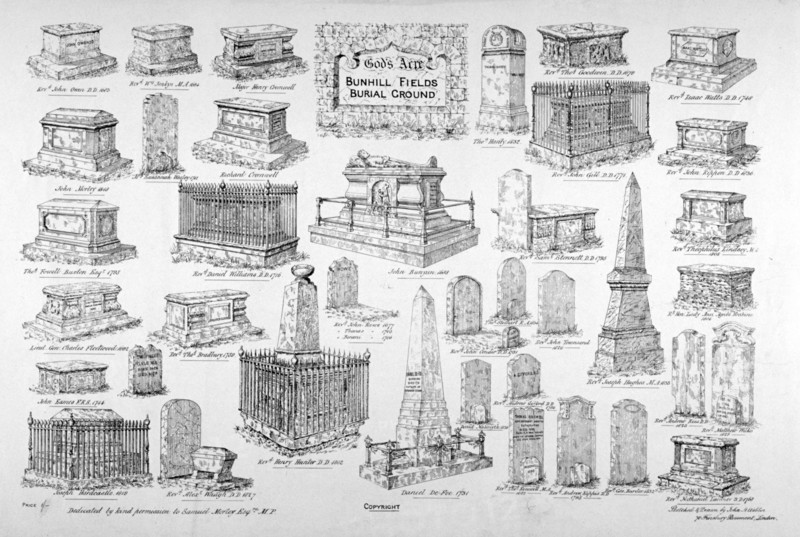 Depiction of monuments of notable persons in Bunhill Fields, Finsbury, London, c1860. Artist: Anon