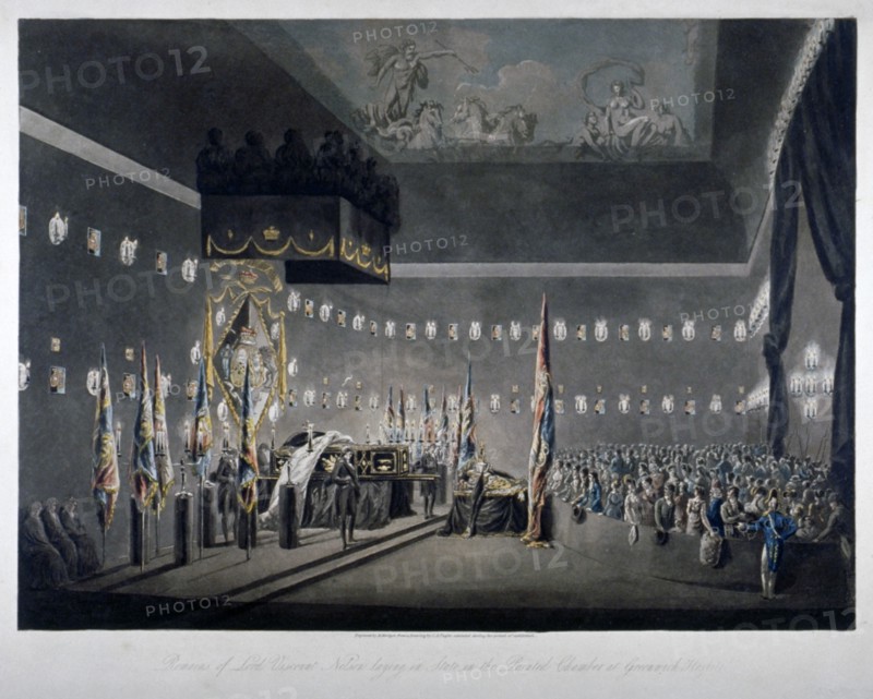 Lord Nelson lying in state in the painted chamber at Greenwich Hospital, London, 1806. Artist: M Merigot