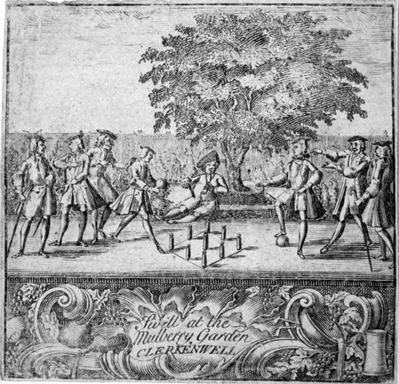 Men playing swill at Mulberry Garden, Clerkenwell, London, c1750. Artist: Anon