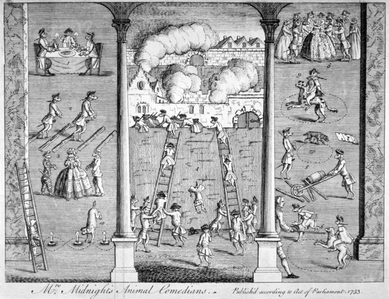 'Mrs Midnight's Animal Comedians', 1753. Artist: Anon