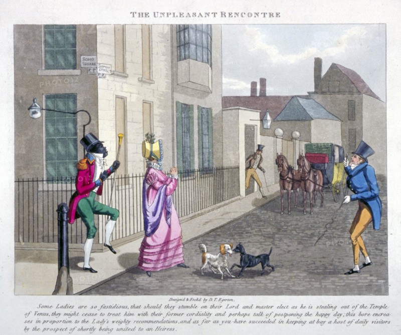 View of the corner of Soho Square and Sutton Street, Westminster, London, c1825. Artist: DT Egerton