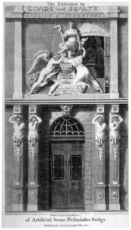Entrance to Coade and Sealey's Gallery of Coade stone sculpture, Lambeth, London, 1802. Artist: Samuel Rawle