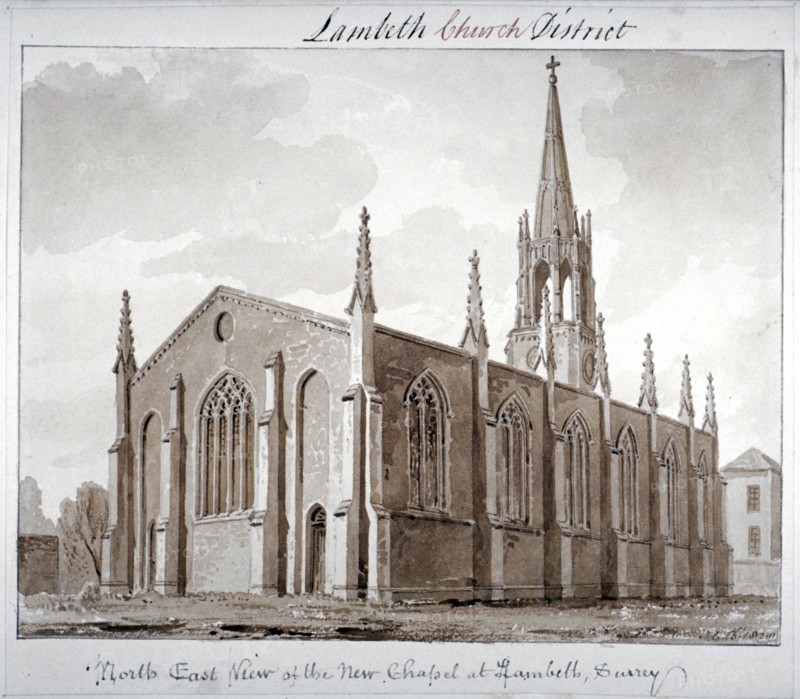 North-east view of the Church of St Mary the Less, Lambeth Butts, London, 1828. Artist: John Chessell Buckler