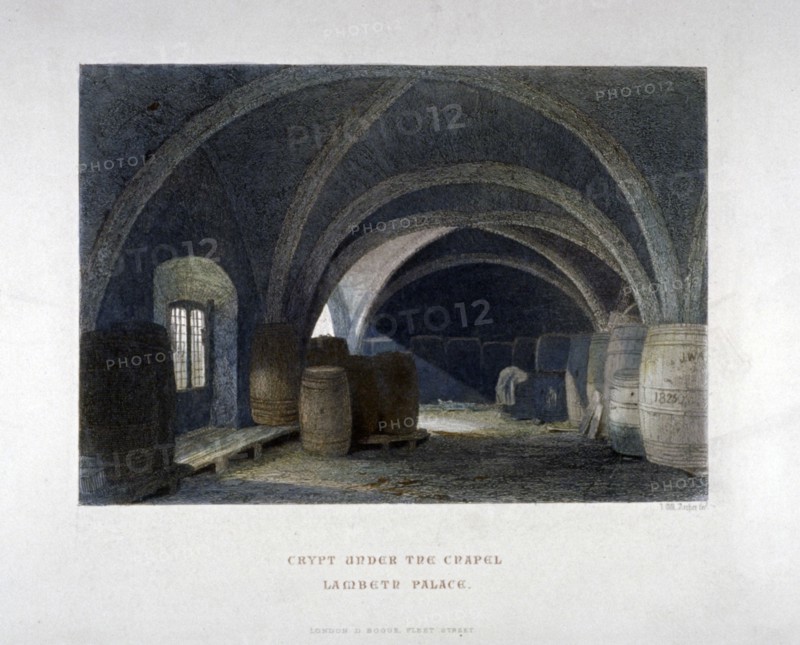 Crypt filled with barrrels under the chapel at Lambeth Palace, London, 1851. Artist: John Wykeham Archer