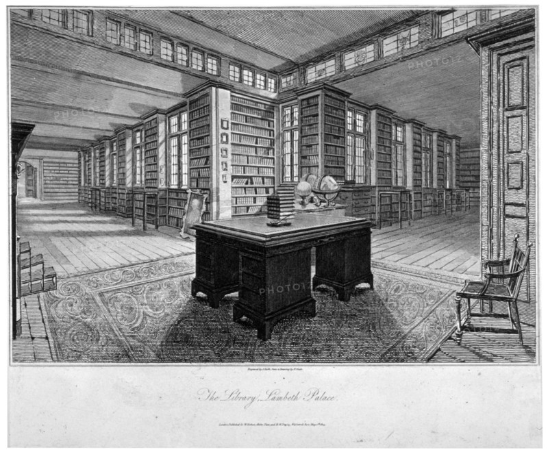 Interior view of the library at Lambeth Palace, with a desk in the foreground, 1805. Artist: John Roffe