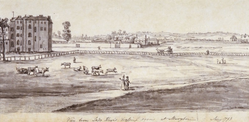 'View from Lady Kaye's Dressing Room at Marylebone', 1793. Artist: Samuel Hieronymus Grimm