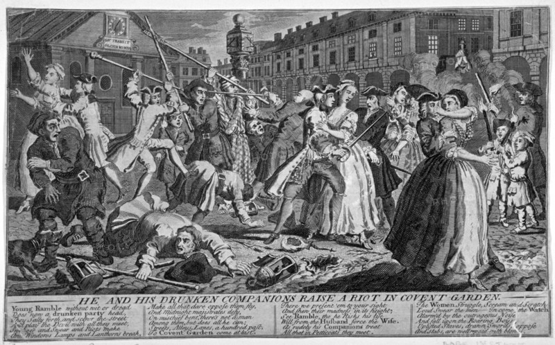 'He and his drunken companions raise a riot in Covent Garden', 1735. Artist: Anon