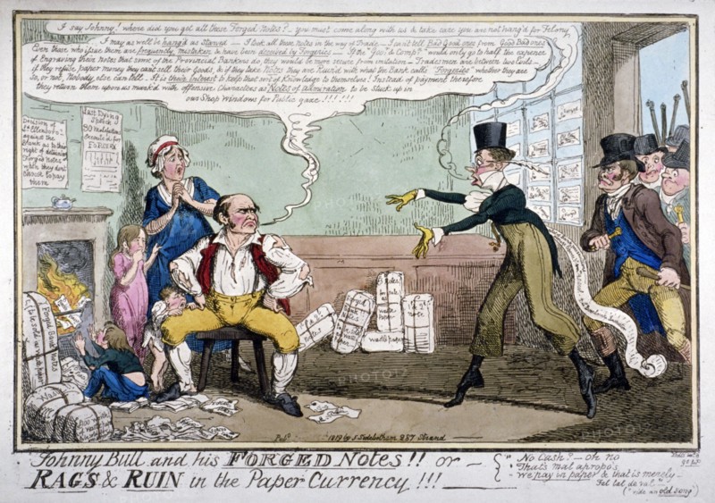Johnny Bull and his forged notes!!!', 1819. Artist: George Cruikshank