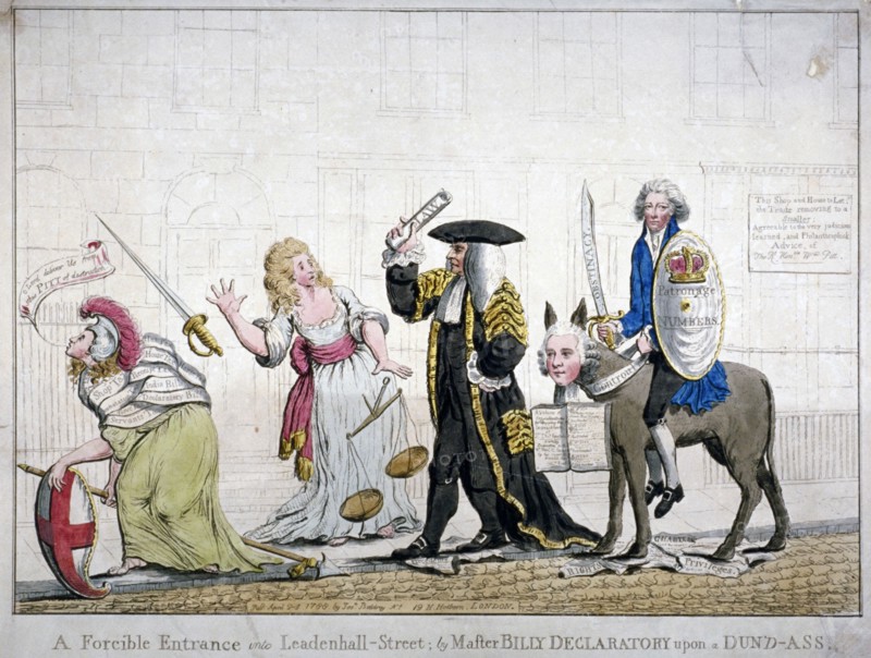 'A forcible entrance into Leadenhall-Street; by Master Billy Declaratory upon a Dun'd-ass', 1788. Artist: Anon