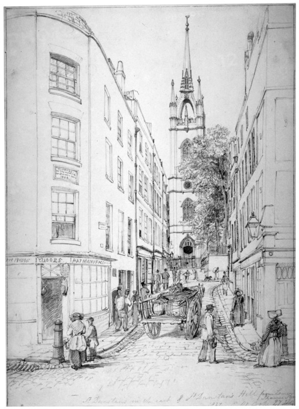 Church of St Dunstan in the East and St Dunstan's Hill from Lower Thames Street, London, 1827. Artist: Edward William Cooke
