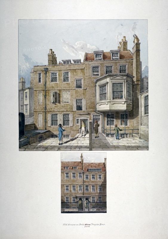 Two views of houses in Bell Yard, Chancery Lane, London, 1818. Artist: Robert Blemmell Schnebbelie