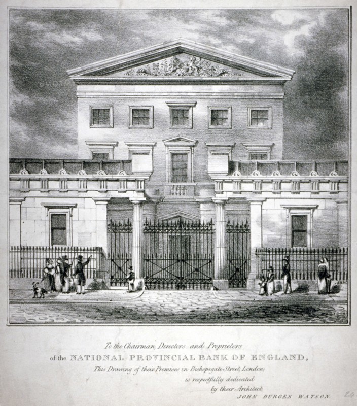 View of the National Provincial Bank at no 112 Bishopsgate Street, City of London, c1840. Artist: Anon