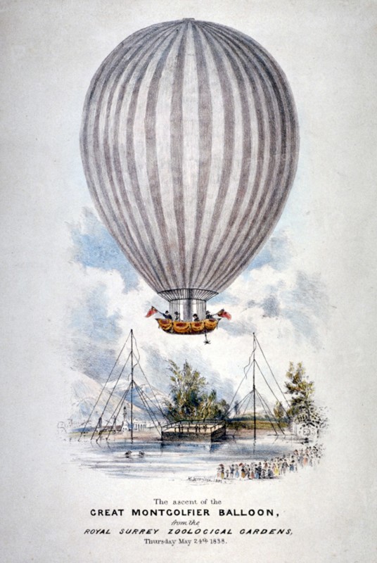 Hot air balloon ascending over Surrey Zoological Gardens, Southwark, London, 1838. Artist: Anon