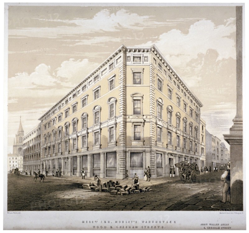 Messrs J&R Morley's warehouses, corner of Wood Street and Gresham Street, London, c1840. Artist: Martin & Hood