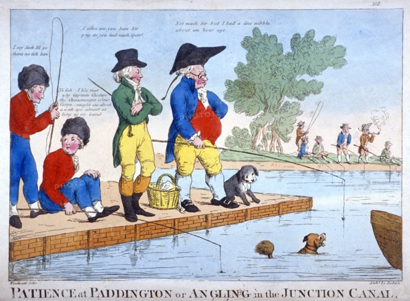 'Patience at Paddington, or angling in the Junction Canal', c1800. Artist: Roberts