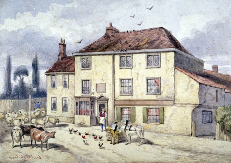 View of the old Pied Bull Inn, Islington, London, c1840. Artist: Frederick Napoleon Shepherd