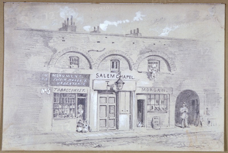 View of Salem Chapel and a tobacconists in Fitzroy Square, London, 1853. Artist: Anon